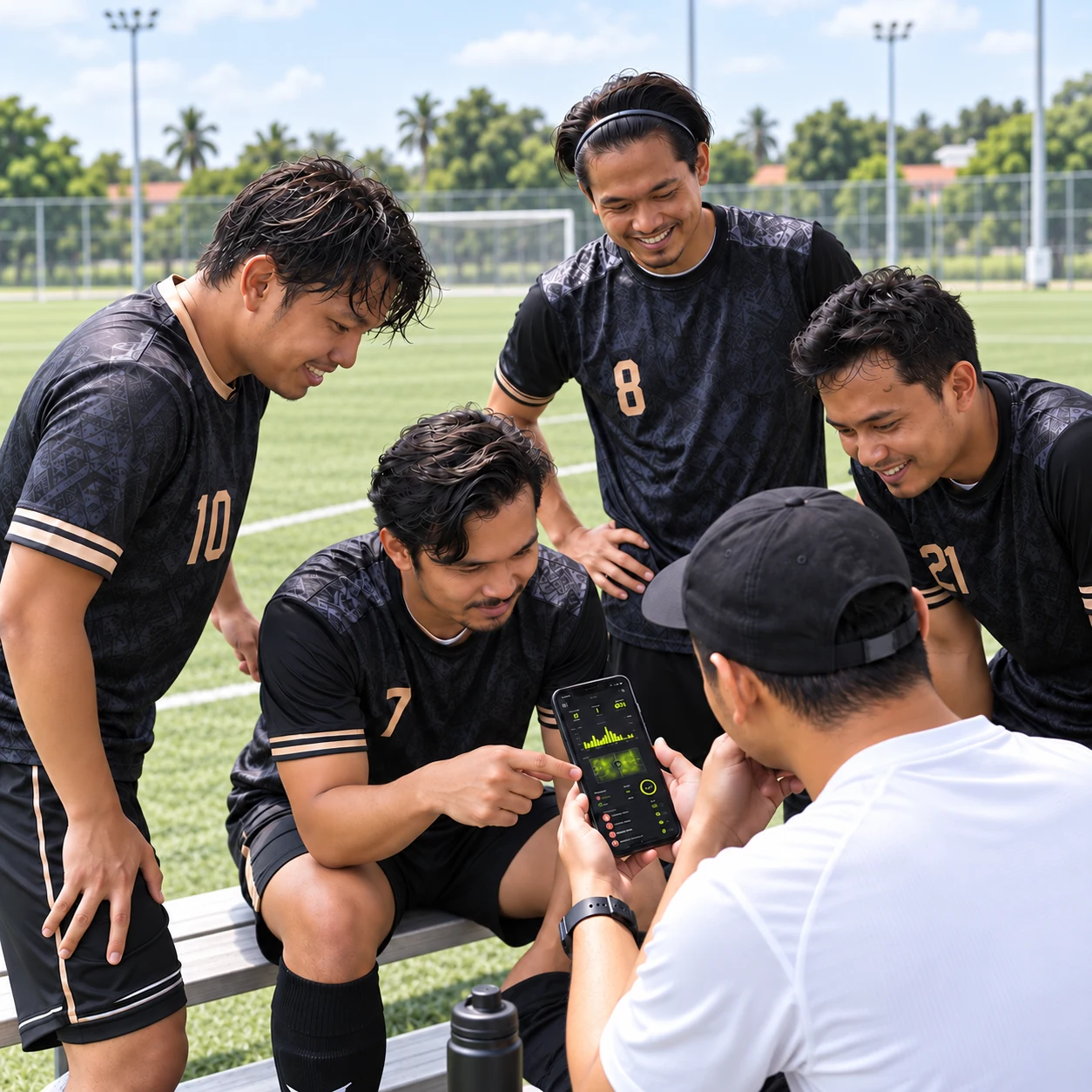 Four teammates on a pitchside bench smile at a phone after the match
