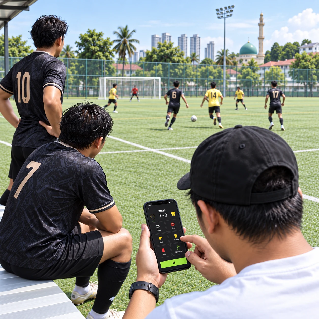A player on the bench films the match on his phone under the floodlights